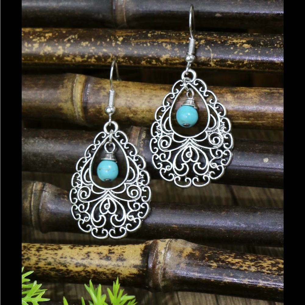 Silver Tone and Turquoise Boho Earrings